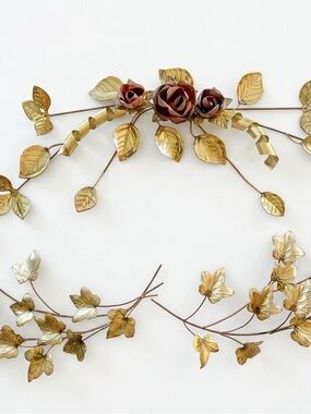 Vintage Metal Wall Art Floral Garland in Gold and Bronze Set of 3